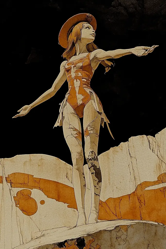 Midjourney generated image using SREF code Sepia Nexus: A drawing of a woman in a bathing suit and hat.