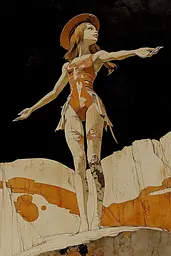 Midjourney generated image using SREF code Sepia Nexus: A drawing of a woman in a bathing suit and hat.