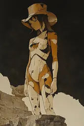 Midjourney generated image using SREF code Sepia Nexus: A painting of a woman in a cowboy hat standing on a ledge.