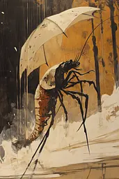 Midjourney generated image using SREF code Sepia Nexus: A painting of a cockroach holding an umbrella in the rain.