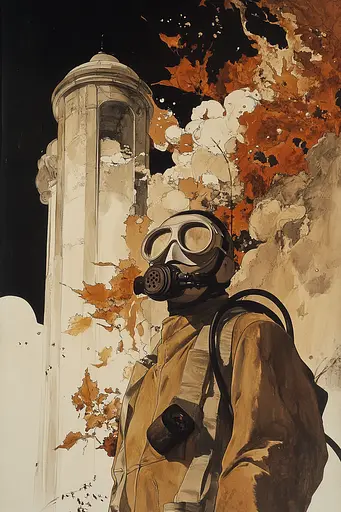 Midjourney generated image using SREF code Sepia Nexus: A painting of a man wearing a gas mask and goggles.