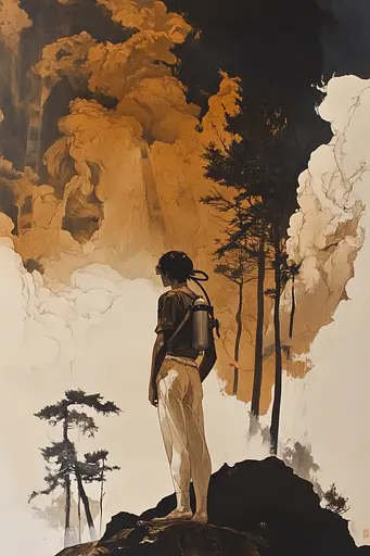 Midjourney generated image using SREF code Sepia Nexus: A painting of a man standing on top of a mountain.
