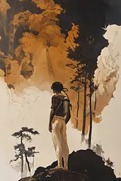 Midjourney generated image using SREF code Sepia Nexus: A painting of a man standing on top of a mountain.