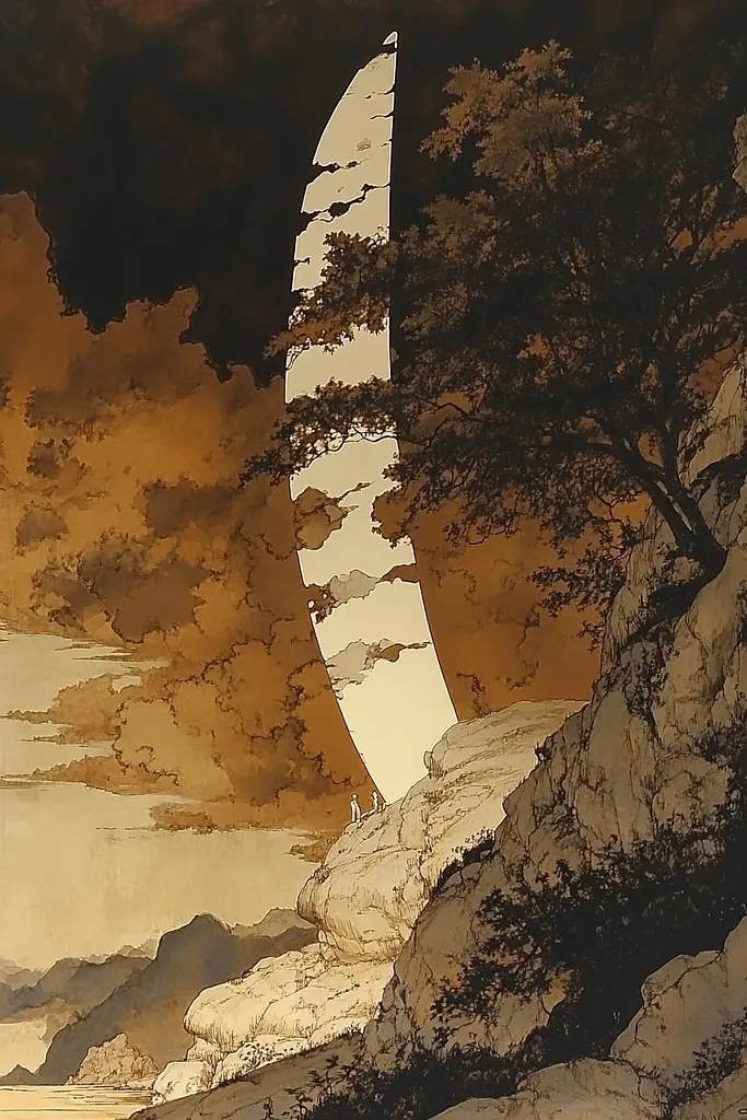 Midjourney generated image using SREF code Sepia Nexus: A painting of a tree on a cliff overlooking a body of water.