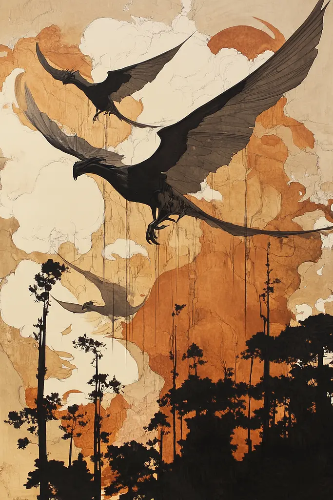 Midjourney generated image using SREF code Sepia Nexus: A painting of two birds flying over a forest.