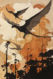 Midjourney generated image using SREF code Sepia Nexus: A painting of two birds flying over a forest.