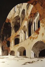 Midjourney generated image using SREF code Sepia Nexus: A painting of an old building with arches in it.