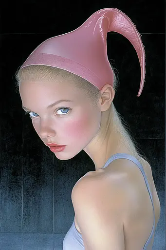 Midjourney generated image using SREF code Cerebral Bubble Gum: A painting of a woman wearing a pink hat.