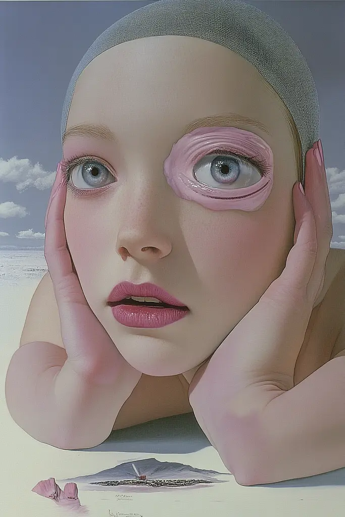 Midjourney generated image using SREF code Cerebral Bubble Gum: A painting of a woman with pink eye patches on her face.