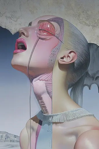 Midjourney generated image using SREF code Cerebral Bubble Gum: A painting of a woman with her mouth open and tongue out.