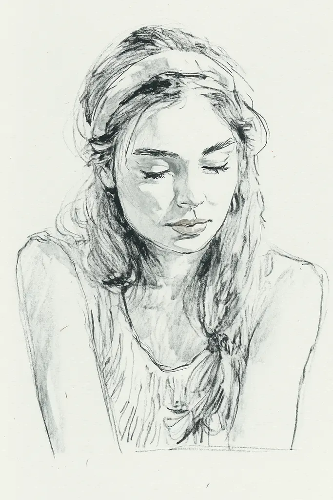 Midjourney generated image using SREF code Sketchrift: A drawing of a woman with her eyes closed.
