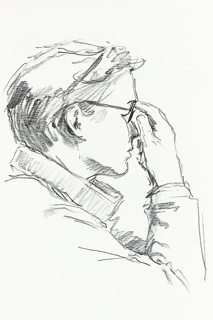 Midjourney generated image using SREF code Sketchrift: A drawing of a man with glasses on his face.