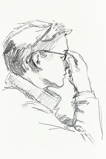 Midjourney generated image using SREF code Sketchrift: A drawing of a man with glasses on his face.