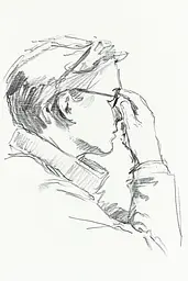 Midjourney generated image using SREF code Sketchrift: A drawing of a man with glasses on his face.