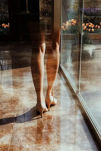 Midjourney generated image using SREF code Rustlight: A woman standing in front of a glass door with her legs crossed.