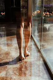 Midjourney generated image using SREF code Rustlight: A woman standing in front of a glass door with her legs crossed.