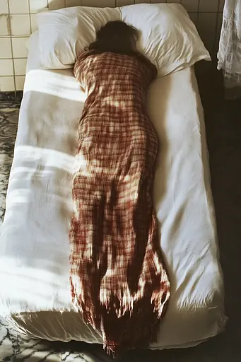 Midjourney generated image using SREF code Rustlight: A woman laying on a bed covered in a blanket.