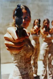 Midjourney generated image using SREF code Rustlight: A woman holding a gun in front of a mirror.