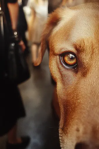 Midjourney generated image using SREF code Rustlight: A close up of a dog's face with people in the background.