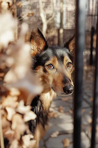 Midjourney generated image using SREF code Rustlight: A brown and black dog looking through a fence.