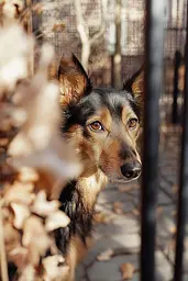 Midjourney generated image using SREF code Rustlight: A brown and black dog looking through a fence.