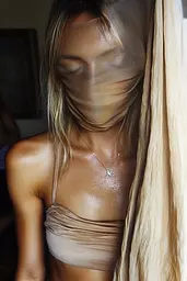 Midjourney generated image using SREF code Rustlight: A woman with a veil covering her face.