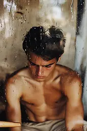 Midjourney generated image using SREF code Rustlight: A shirtless young man sitting in front of a window.