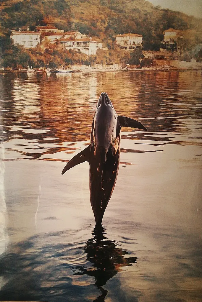 Midjourney generated image using SREF code Rustlight: A dolphin jumping out of the water in front of a city.
