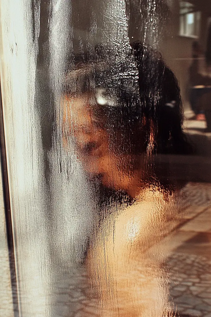Midjourney generated image using SREF code Rustlight: A reflection of a woman in a glass door.