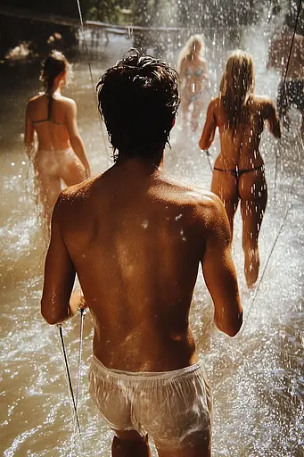 Midjourney generated image using SREF code Rustlight: A group of people running through a water fountain.