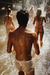 Midjourney generated image using SREF code Rustlight: A group of people running through a water fountain.