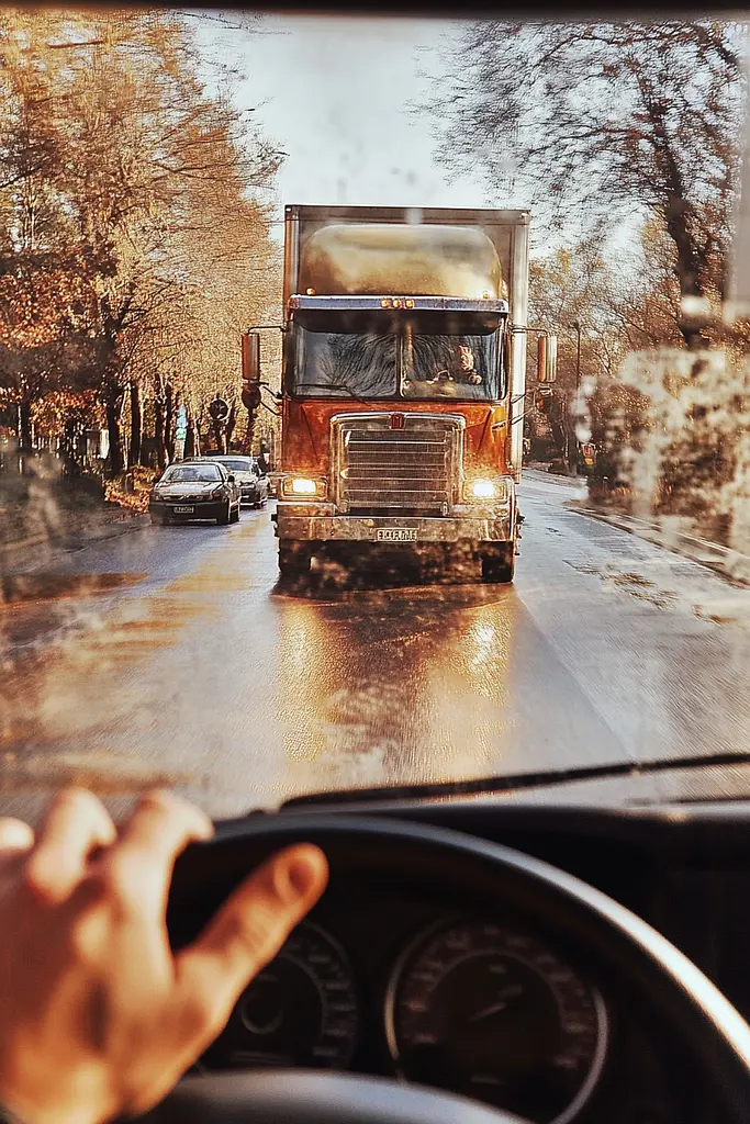 Midjourney generated image using SREF code Rustlight: A man driving a semi truck on a wet road.