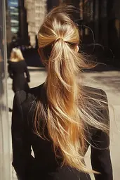 Midjourney generated image using SREF code Rustlight: A woman with long blonde hair in a ponytail walking down the street.