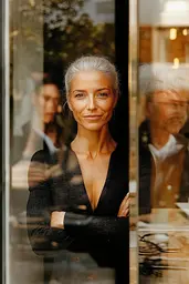 Midjourney generated image using SREF code Rustlight: A woman standing in front of a glass door.