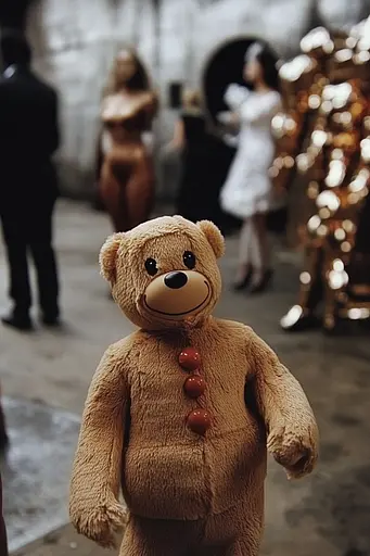 Midjourney generated image using SREF code Rustlight: A teddy bear standing in front of a group of people.