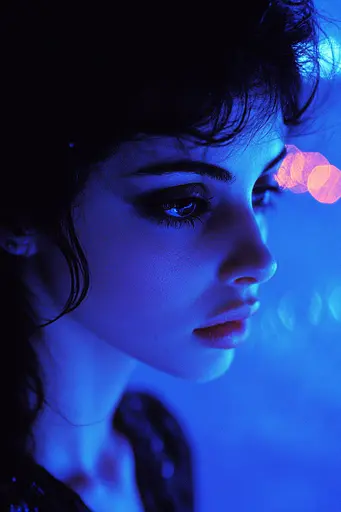 Midjourney generated image using SREF code Electric Midnight: A woman with dark hair and blue lights in the background.