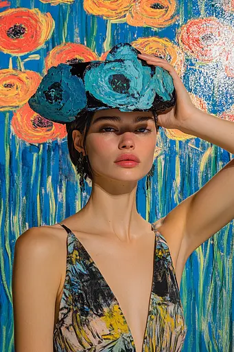 Midjourney generated image using SREF code Cyan Frenzy: A woman wearing a blue hat with flowers on it.