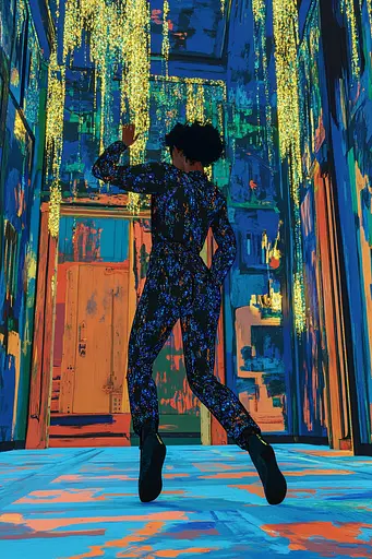 Midjourney generated image using SREF code Cyan Frenzy: A man in a blue suit is dancing in a hallway.