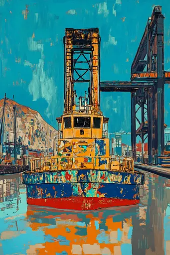 Midjourney generated image using SREF code Cyan Frenzy: A painting of a tug boat in a harbor.