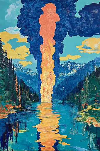 Midjourney generated image using SREF code Cyan Frenzy: A painting of a volcano erupting into a lake.