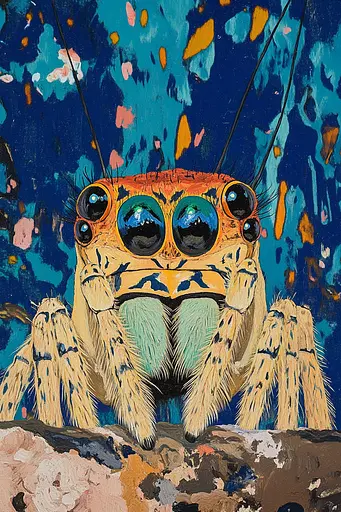 Midjourney generated image using SREF code Cyan Frenzy: A painting of a jumping spider on a blue background.