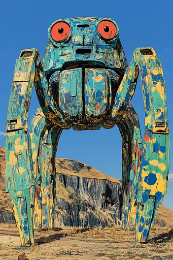 Midjourney generated image using SREF code Cyan Frenzy: A large blue and yellow robot standing in the middle of a desert.