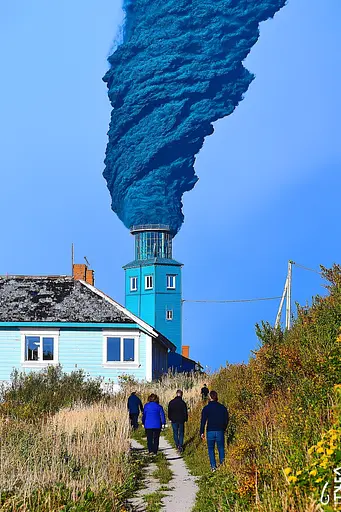 Midjourney generated image using SREF code Cyan Frenzy: A group of people walking down a path next to a blue building.