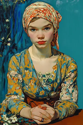 Midjourney generated image using SREF code Cyan Frenzy: A painting of a woman wearing a headscarf sitting at a table.