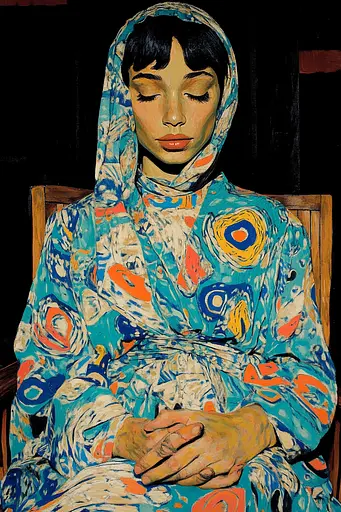 Midjourney generated image using SREF code Cyan Frenzy: A painting of a woman sitting in a chair.