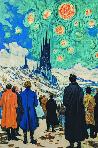 Midjourney generated image using SREF code Cyan Frenzy: A painting of a group of people standing in front of a starry night.