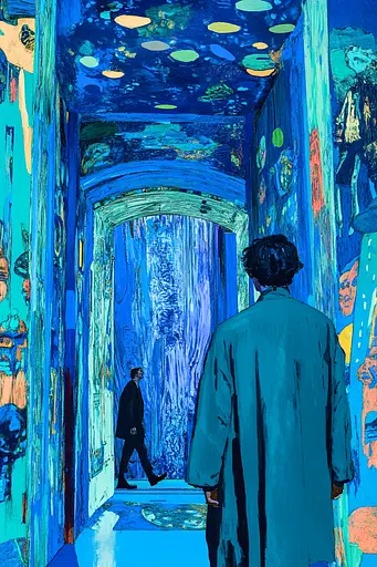 Midjourney generated image using SREF code Cyan Frenzy: A painting of a man walking down a hallway.