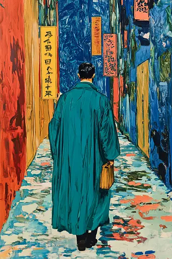 Midjourney generated image using SREF code Cyan Frenzy: A painting of a man walking down a narrow alleyway.