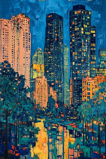 Midjourney generated image using SREF code Cyan Frenzy: A painting of a city skyline at night. 