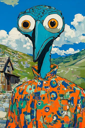 Midjourney generated image using SREF code Cyan Frenzy: A painting of a bird with big eyes in front of a house.